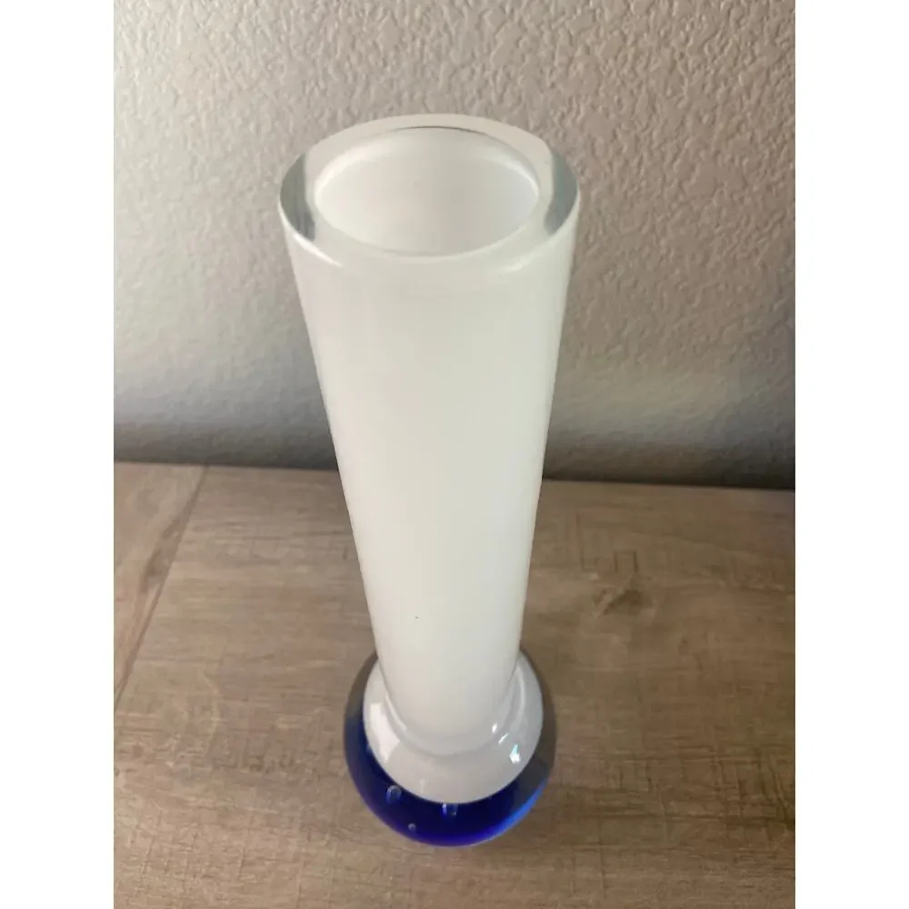 Glass Art Vase White Clear and Blue